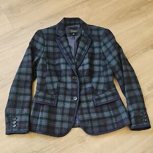 Talbots Wool Blend Women's Navy Green Tartan Plaid Blazer Jacket Size 6